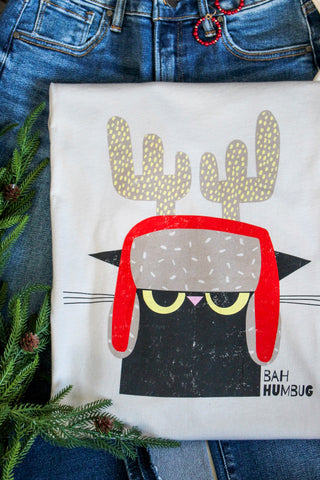 Bah Humbug Cat Graphic Tee • Light Grey