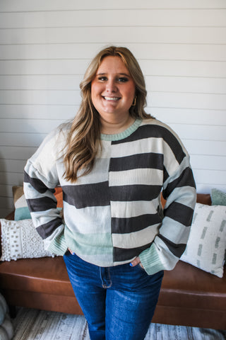 Mix It Up Striped Sweater • Charcoal/Sage - PLUS - FINAL SALE