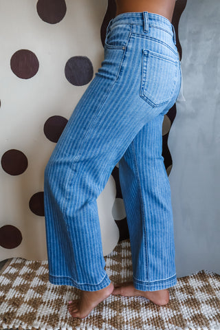 Isabella Pinstripe Straight | Tummy Control • Medium Wash