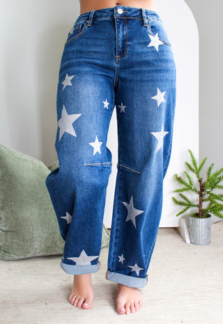 Lainey Star Print Barrel Leg • Medium Wash