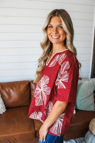 Autumn Hours Embroidered Top • Burgundy - FINAL SALE
