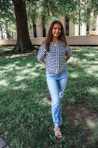 Match Point Cardigan Top • Navy Stripe