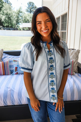 Oasis Blooms Embroidered Top • Blue