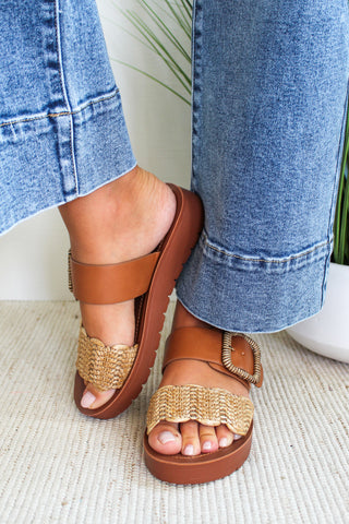 Aster Raffia Buckle Strap Sandal • Cognac