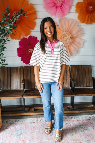 Courtside Stripes Polo Top • Pink