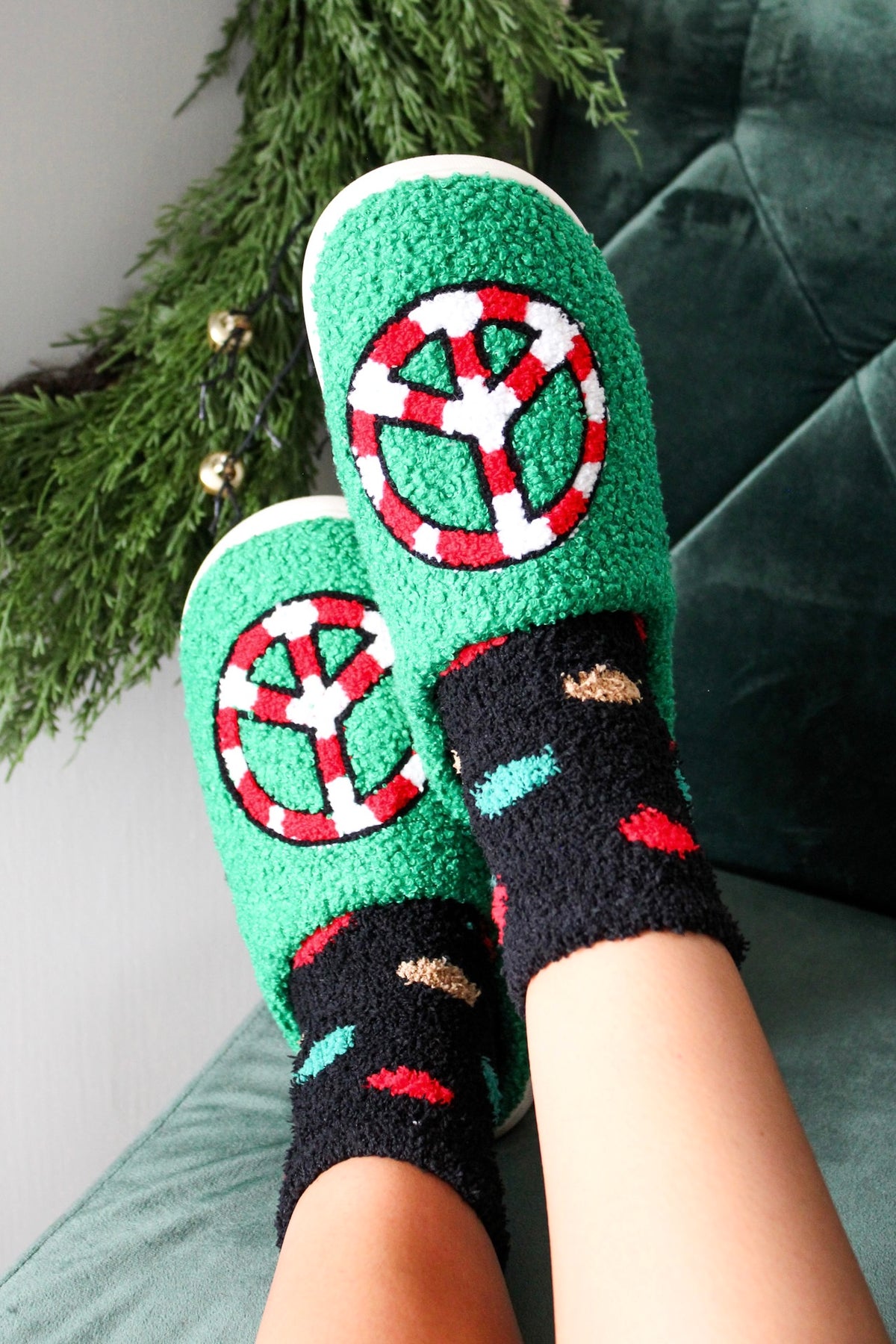 Peace On Earth Plush Slippers • Green