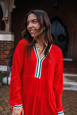 Season’s Best Striped Trim Dress • Red