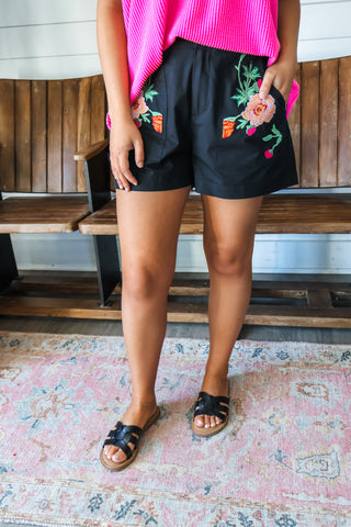 Rose Garden Embroidered Shorts • Black