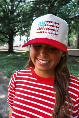 Stars & Stripes Floral Trucker Hat • Red