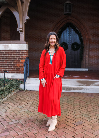 Season’s Best Striped Trim Dress • Red