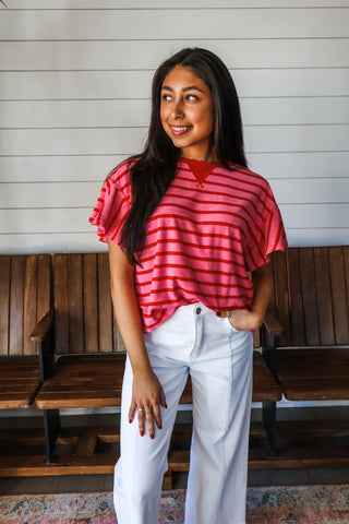 Sweet Surprise Ruffle Sleeve Top • Pink/Red