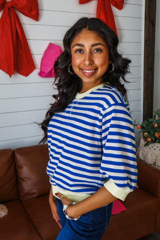 Rise & Shine Ringer Crewneck • Blue/Lemon