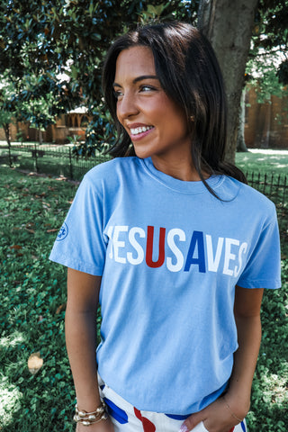 Jesus Saves Graphic Tee • Powder Blue
