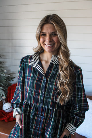 Festive Frills Shirt Dress • Navy Plaid