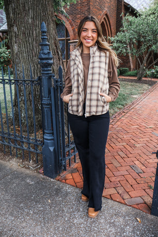 By The Fireside Plaid Puffer Vest • Tan