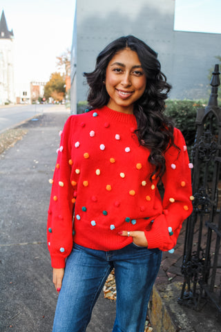 Happy Holidays Pom Sweater • Red