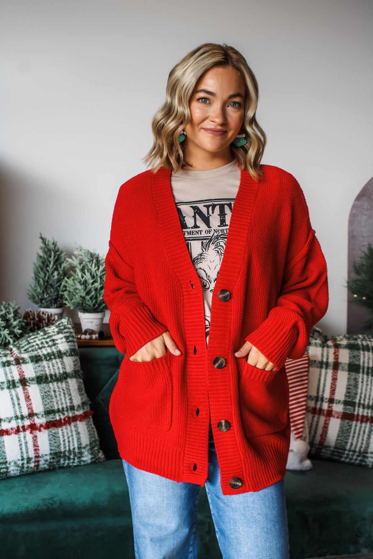 Happiness & Cheer Double Pocket Cardigan • Red