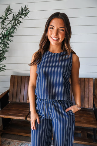 Brooklyn Pinstripe Linen Top • Navy
