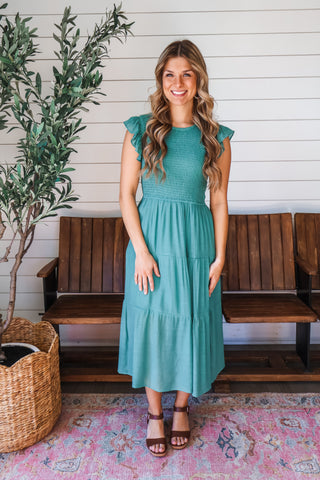 Beautiful Bliss Ruffle Midi • Dusty Emerald