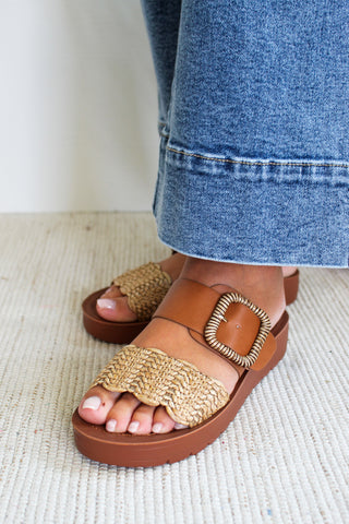 Aster Raffia Buckle Strap Sandal • Cognac