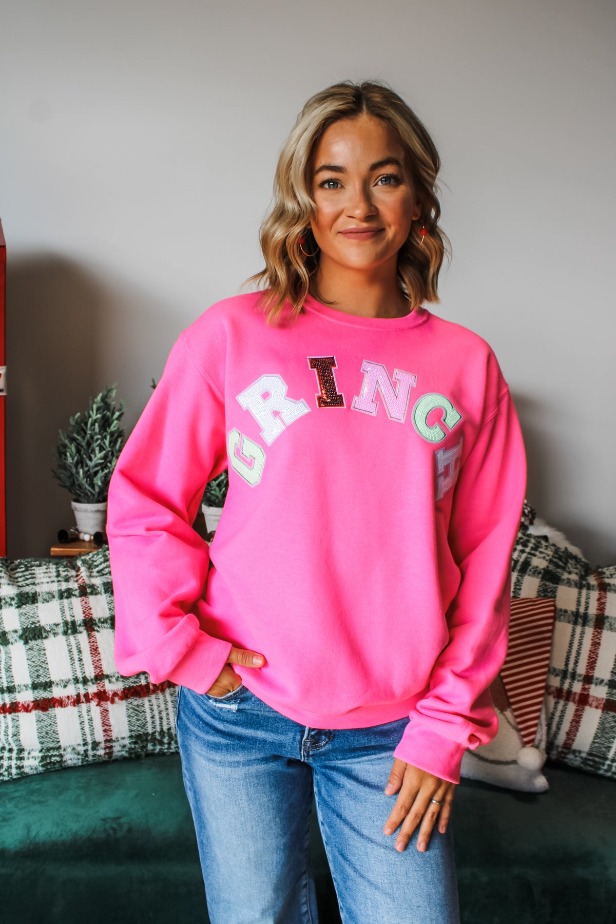 Cute & Grinchy Sequin Patch Graphic Sweatshirt • Neon Pink