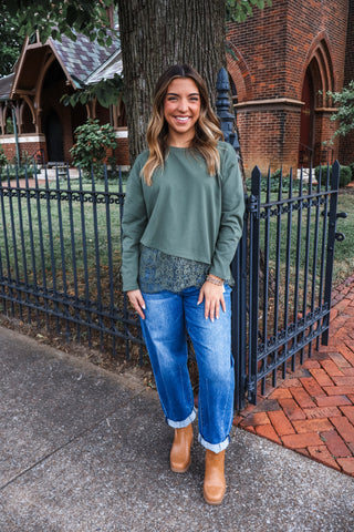 Elegant Edge Lace Hem Pullover • Moss