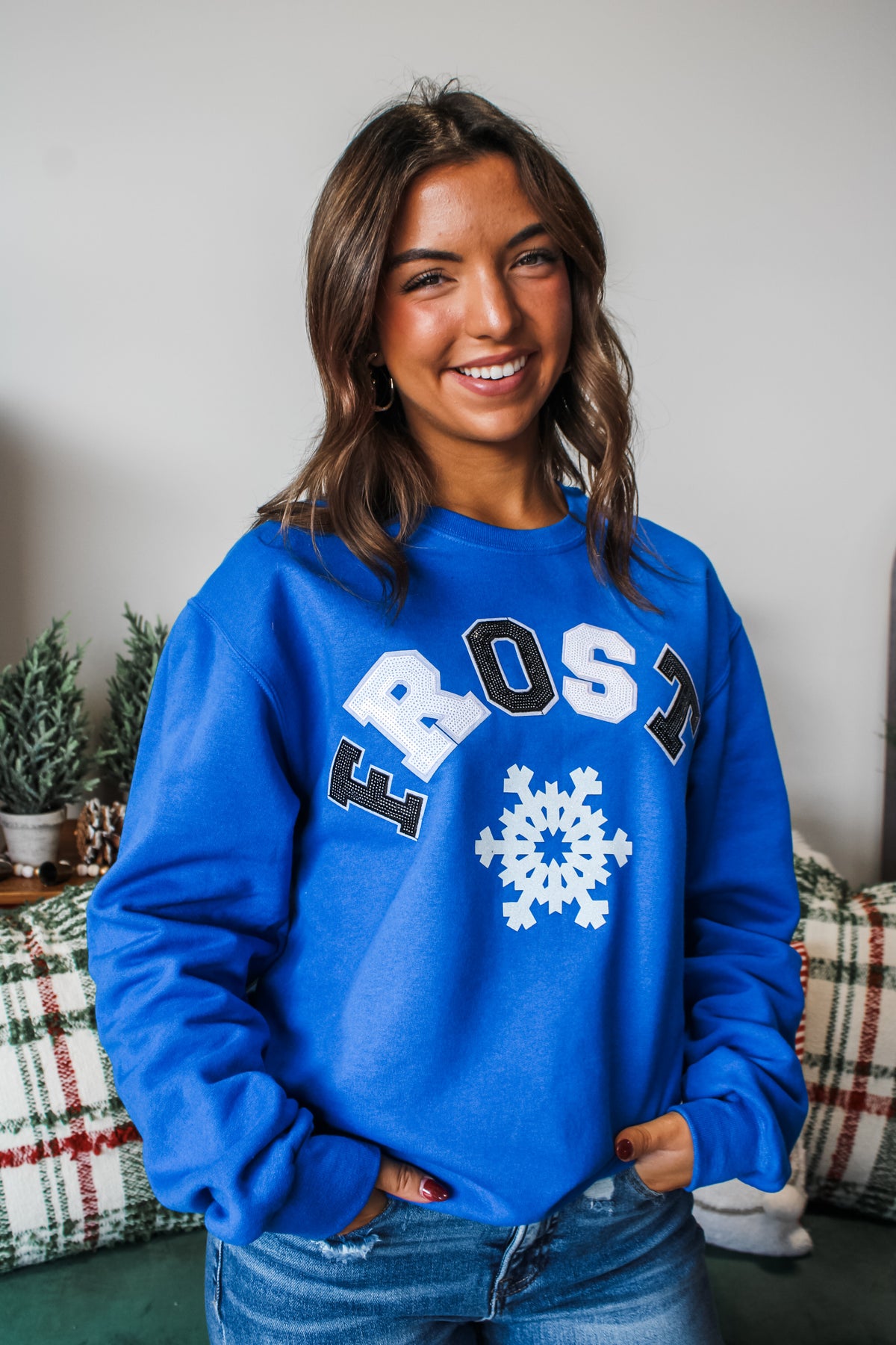 Feeling Frosty Sequin Patch Graphic Sweatshirt • Blue