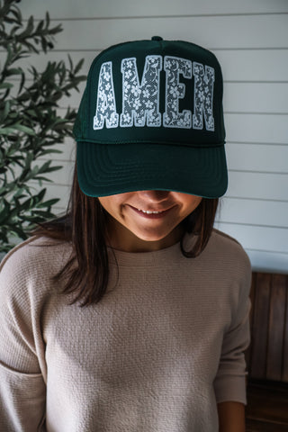 Amen Floral Trucker Hat • Dark Emerald