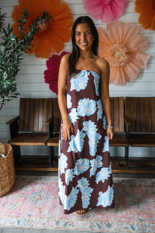 Floral Escape Strapless Maxi • Brown/Blue