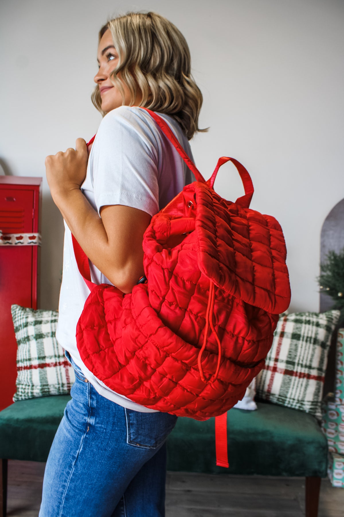 Peace & Joy Quilted Puffer Backpack • Red