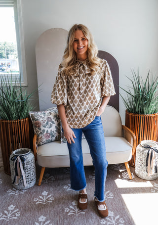 Fall Frenzy 1 • Taupe Satin Bow Blouse - FINAL SALE