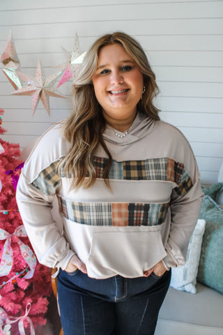 Plaid Cutie Hooded Pullover • Latte - PLUS