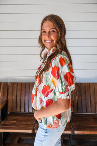 Tulip Fields Ruffle Top • Red Floral