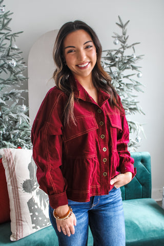 By The Fireside Babydoll Button Up • Wine