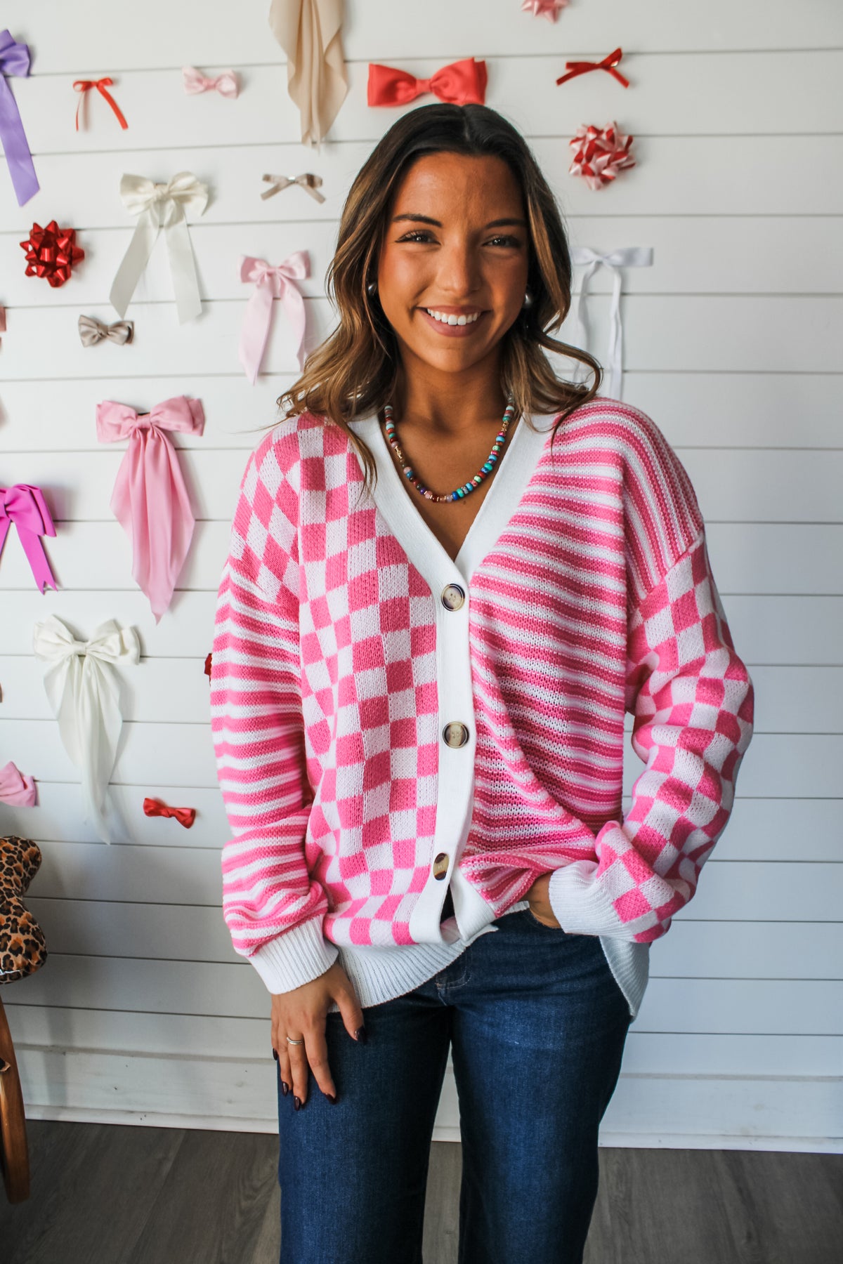 Stay Sweet Checkered Cardigan • Pink