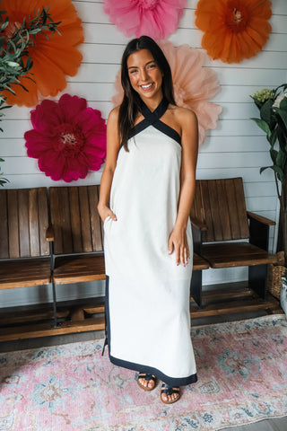 Chic Contrast Halter Linen Midi • Natural