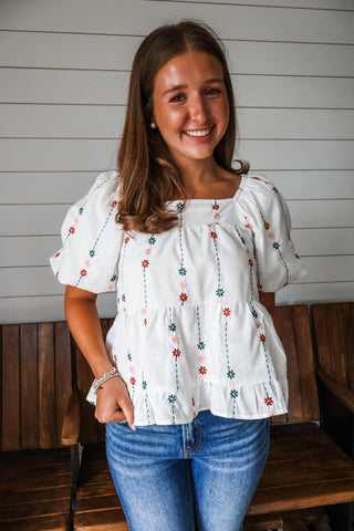 Daisy Days Embroidered Top • White