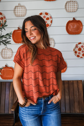 Rustic Ridge Pointelle Sweater • Rust/Brown
