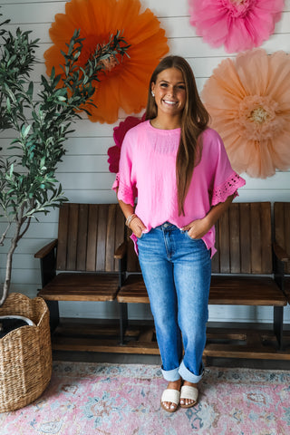 Carmen Crochet Sleeve Top • Pink