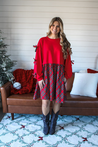 Mistletoe Memories Bow Sleeve Dress • Red Plaid