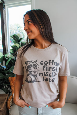 Coffee First Mischief Later Graphic Tee • Tan