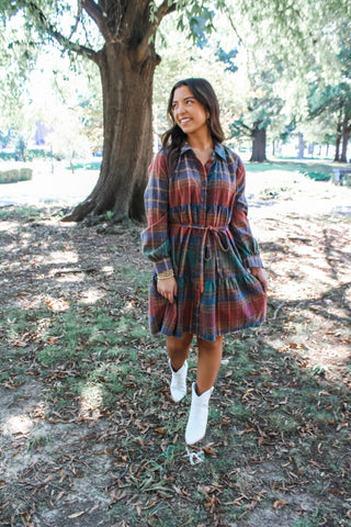 Rustic Retreat Plaid Dress • Rust Multi