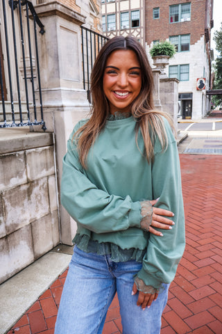 Effortless Charm Ruffle Trim Pullover • Sage