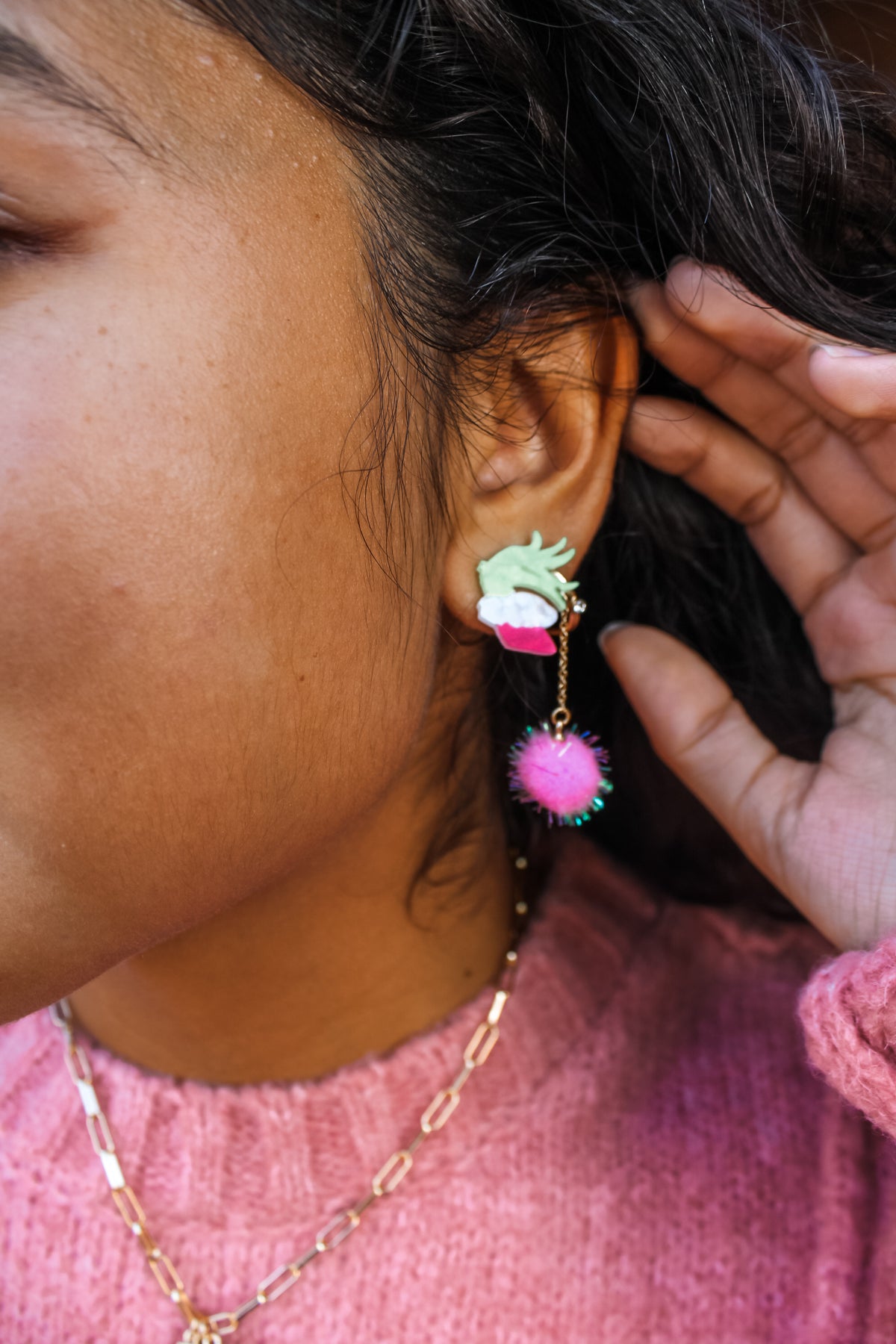 Means A Little Bit More Pom Earrings • Green/Pink