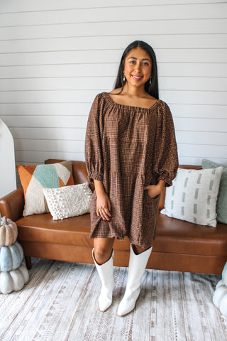 Plaid Season Pocket Dress • Brown