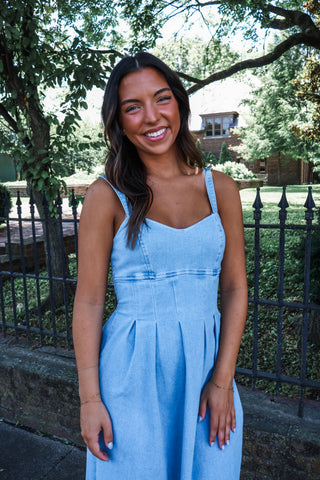 Denim Sweetheart Pleated Midi • Light Wash