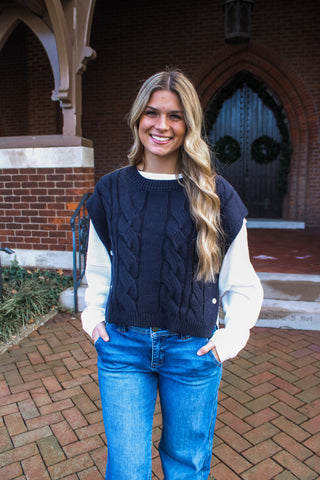 Neutral In Navy Cable Knit Vest