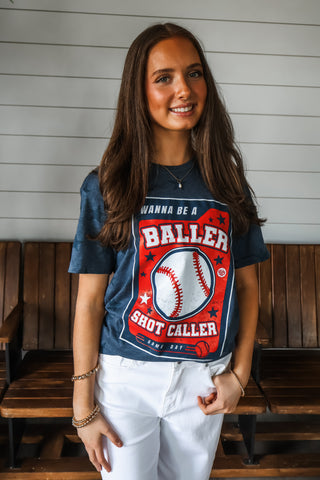 Baller • shot caller • baseball card graphic • navy star print tee