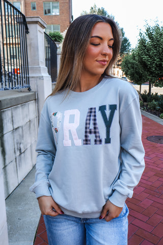 Pray Printed Patchwork Pullover • Frost Blue