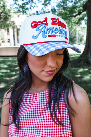 God Bless America Trucker Hat • Blue Gingham